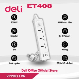 Ổ cắm điện DELI ET408 _ Ổ cắm điện 3 ổ + 3USB_Màu trắng