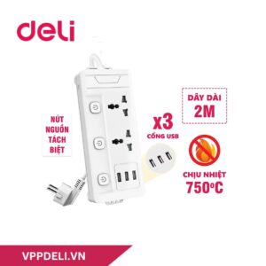 Ổ cắm điện DELI ET409 _ Ổ cắm điện 2 ổ + 3USB_Màu trắng