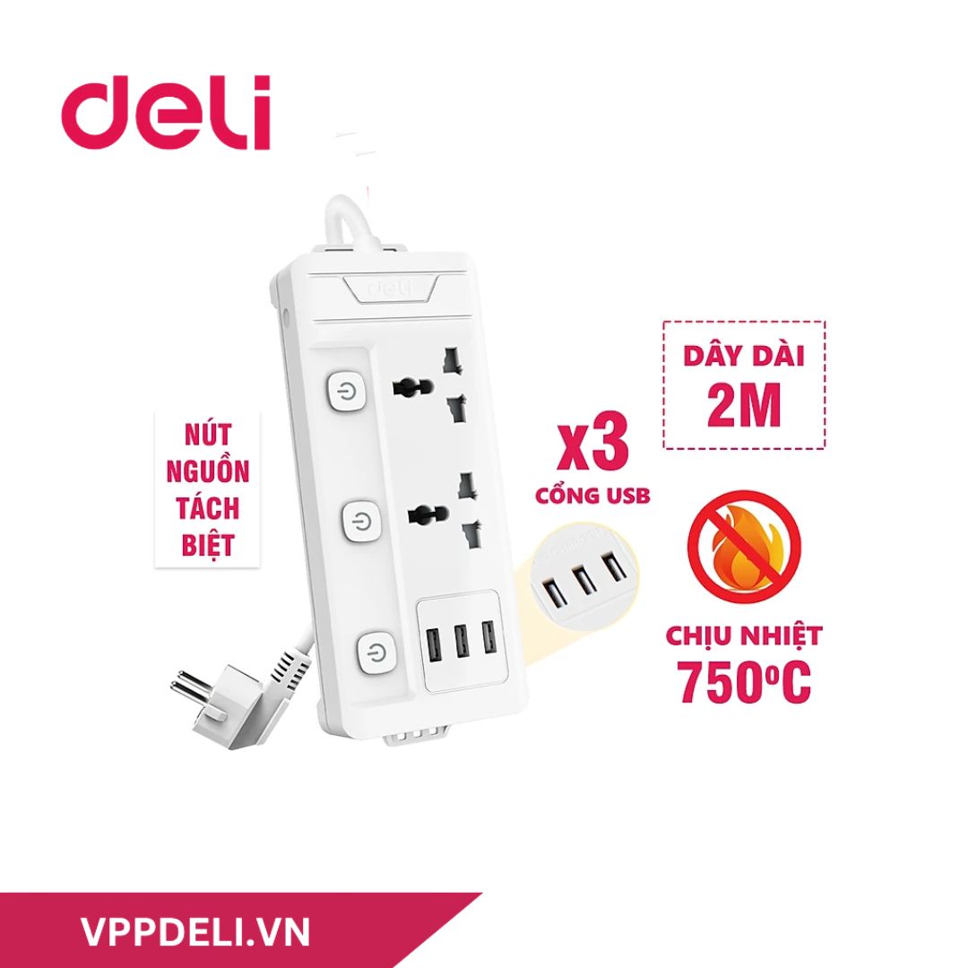 Ổ cắm điện DELI ET409 _ Ổ cắm điện 2 ổ + 3USB_Màu trắng