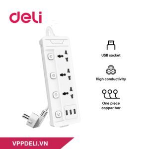 Ổ cắm điện DELI ET410_Ổ cắm điện 3 ổ + 3USB_Màu trắng
